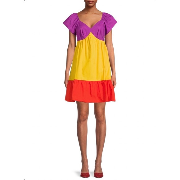The Get Dresses & Skirts - The Get Colorblock Tiered Cotton Midi Dress Puff Sleeves Maximalist Eclectic - S